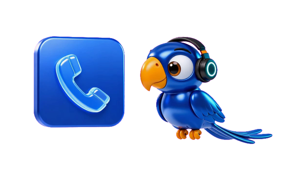 The VocoBook parrot wearing a headset, answering a ringing phone